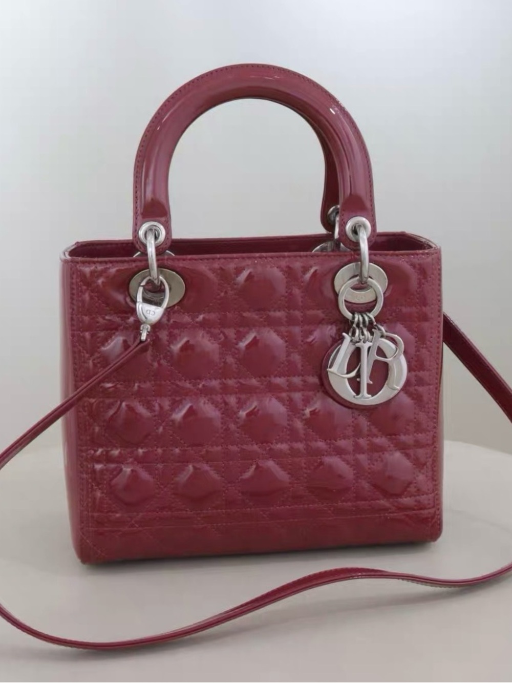 🚩steal Dior Glossy Raspberry Patent Lady Dior Mini Tote
